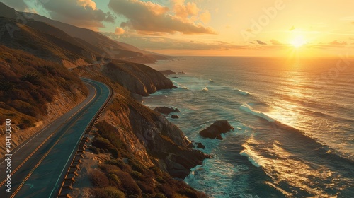 A stunning coastal highway at sunset, showcasing breathtaking ocean views and mountainous landscapes perfect for travel inspiration.