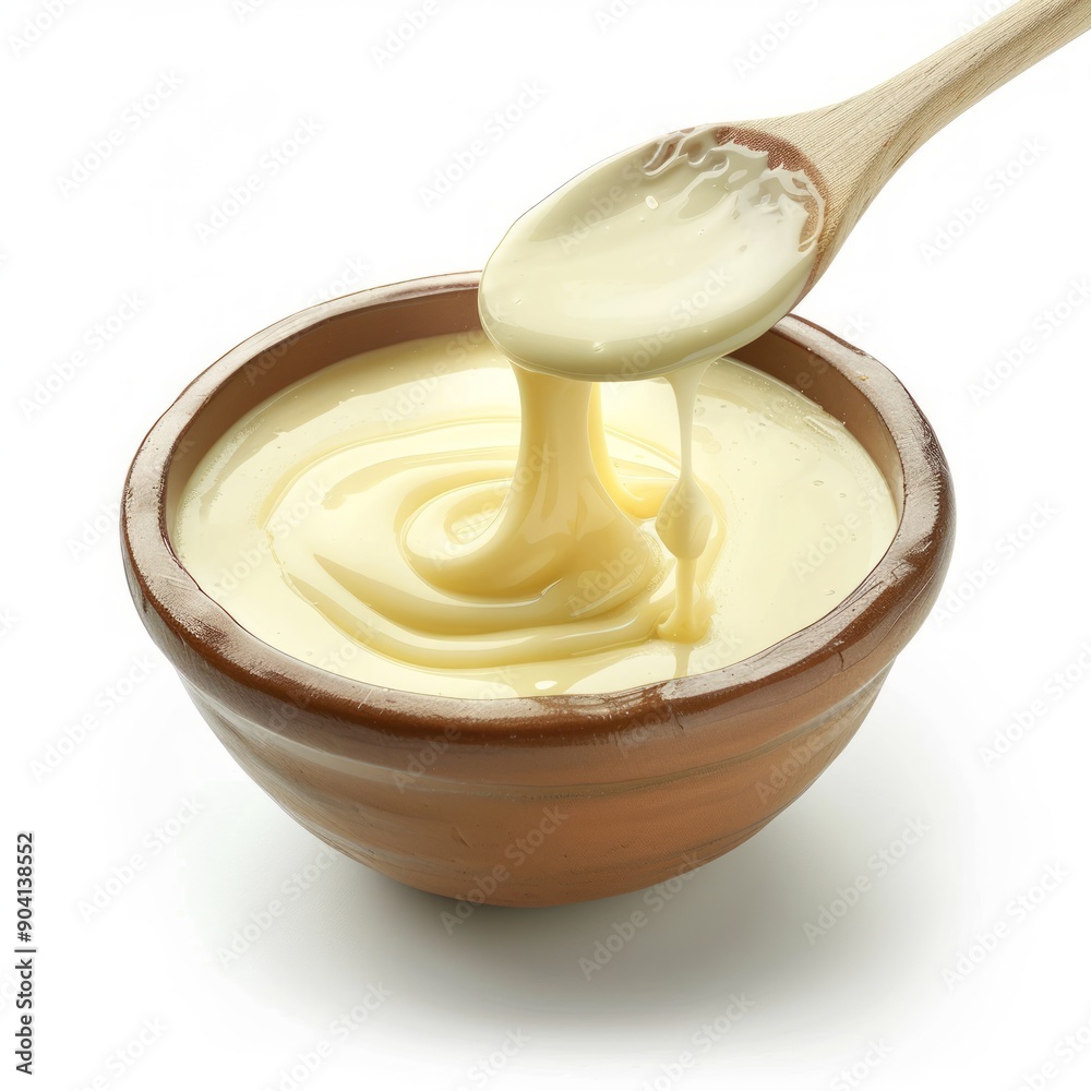 Medium shot of white thick liquid drips from spatula into a bowl, isolated on a white background, Medium shot of white thick liquid drips from spatula into a bowl, isolated on a white background,