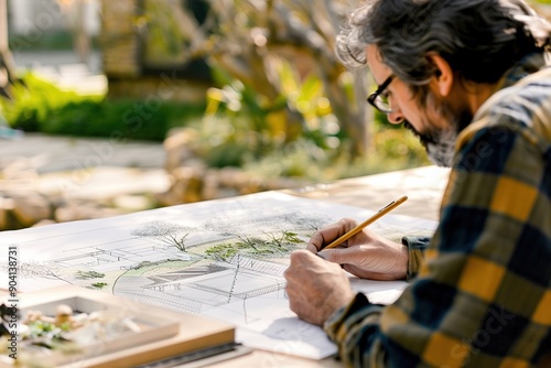 Fototapeta Naklejka Na Ścianę i Meble -  An architect collaborating with a landscape designer