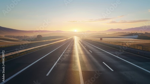 Empty highway at sunrise with beautiful sky and scenic landscape. Perfect for travel, adventure, and journey concepts.