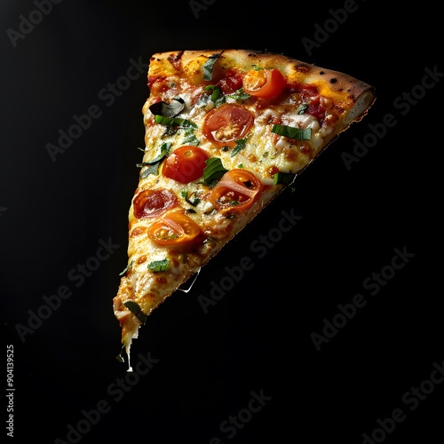 Single pizza slice with melted cheese, tomatoes, and basil leaves isolated on black background photo