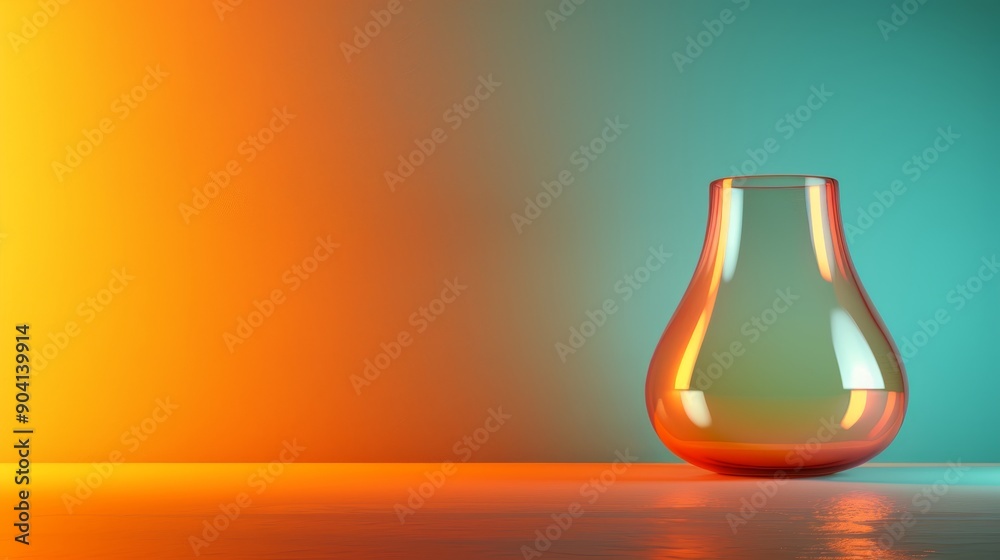 A clear glass vase sits against a vibrant orange and green gradient background. A clear glass vase sits against a vibrant orange and green gradient background.