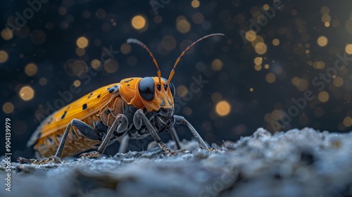 A close-up of a small orange beetle with large eyes, standing on a textured surface. photo