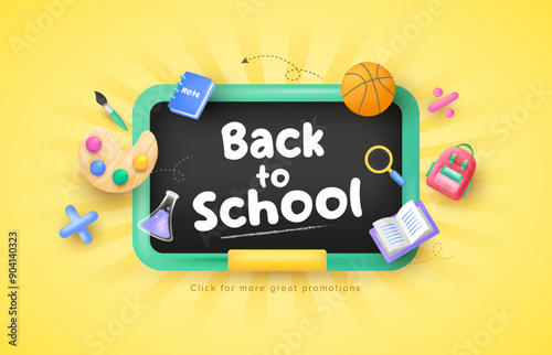 Cute back to school background with blackboard design. 3d school concept elements. Vector illustration template for banner, website and promotion.