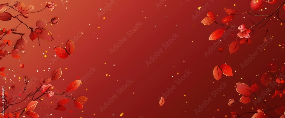 Red background, illustration gold line drawing style with small flowers on the left and right sides of the picture. Red background, illustration gold line drawing style with small flowers on the left and right sides of the picture.