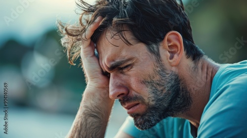 Portrait of a Stressed Man with Mental Health Issues Displaying Distressed Expression photo