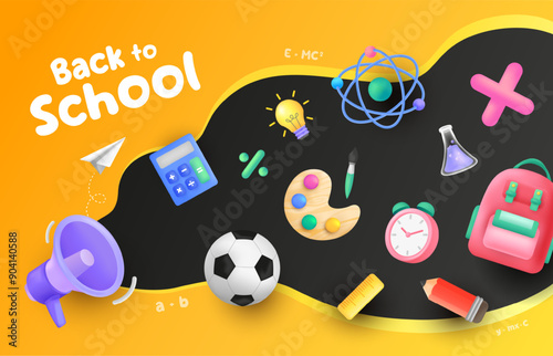 Back to school background with mega speaker shout out design. 3d school concept elements. Vector illustration template for banner, website and promotion.