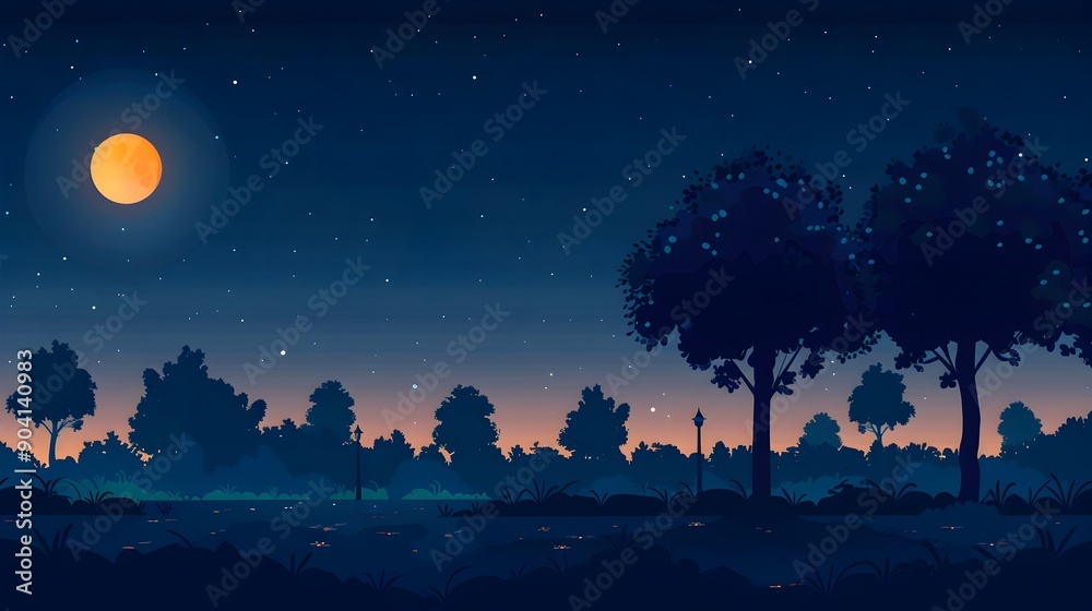 Serene Moonlit Landscape with Silhouetted Trees and Starry Sky at Dusk Serene Moonlit Landscape with Silhouetted Trees and Starry Sky at Dusk
