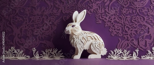 Fluffy Bunny in front of a purple Wallpaper Blank Background with Copy Space. photo