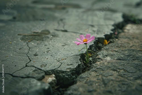 single flower growing through road crack photo