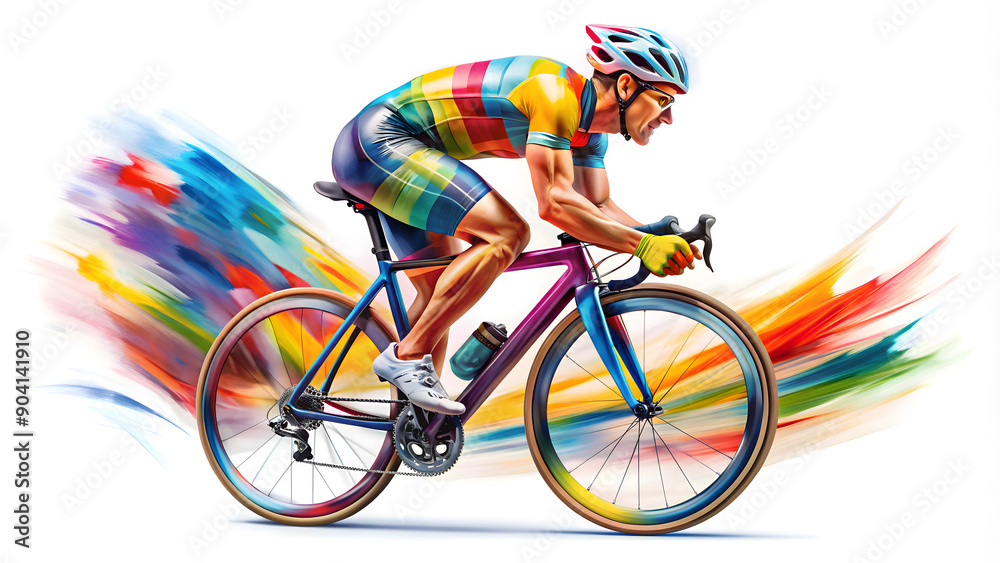 Fototapeta premium Colorful Cyclist Riding Rainbow Bicycle
