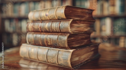 A stack of antique books with worn leather covers, in front of a bookshelf. The image evokes a sense of history and knowledge.