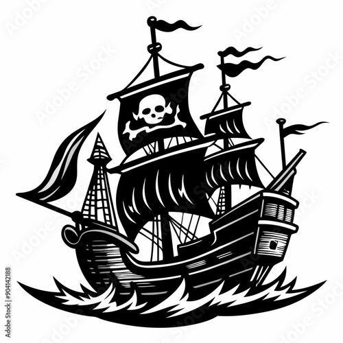 A black and white drawing of a pirate ship with a skull
