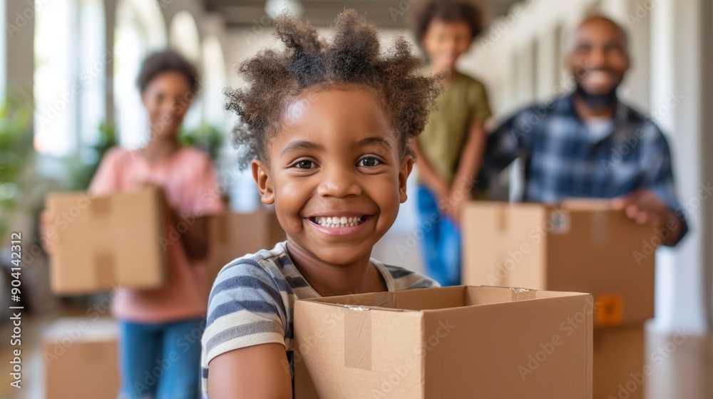 Joyful Family Unpacking Moving Boxes in New Home, Excited Family Settling into New House Together Joyful Family Unpacking Moving Boxes in New Home, Excited Family Settling into New House Together