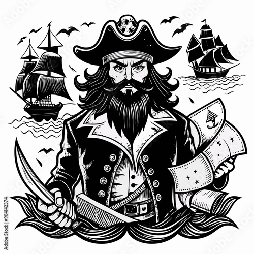 A pirate with a beard and a hat is holding a sword and a map
