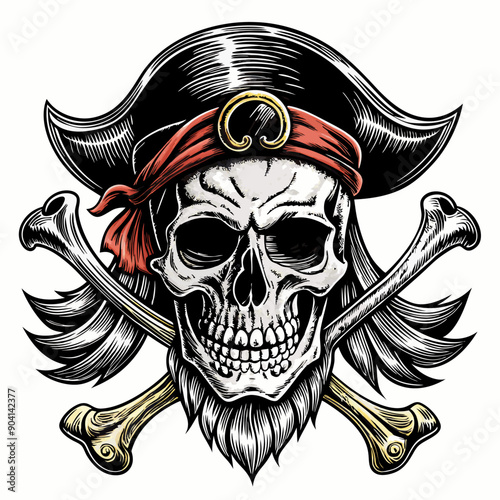 A skull with a pirate hat and a red bandana on its head