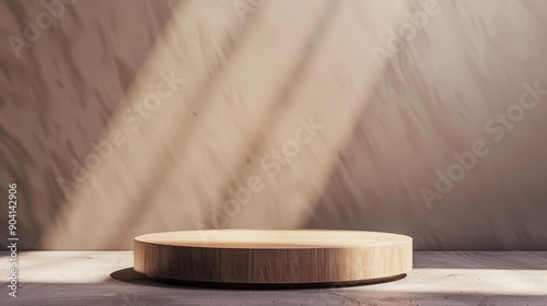 A wooden platform sits in a spotlight on a marble surface, bathed in warm, natural light.