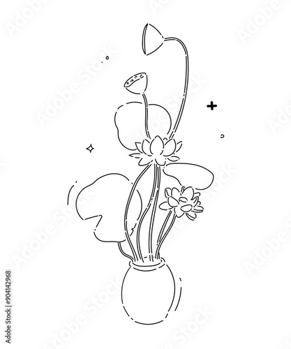 Lotus flowers in a pot hand dawn line vector  illustration for decoration.