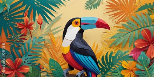 Colorful toucan bird on a bright tropical background. photo