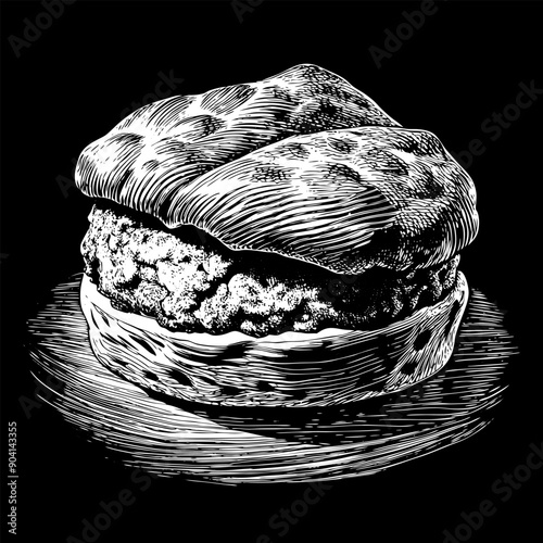 A black and white drawing of a sandwich with a piece of meat in the center