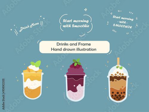 Bubble tea, smoothie and frame cute vector illustration set for menu and design.