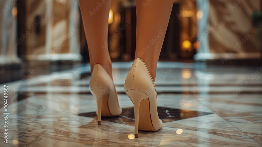Woman in high heels walking on a marble floor. Woman in high heels walking on a marble floor.