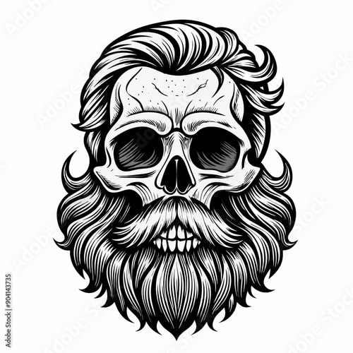 A skull with a beard and mustache on a white background