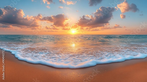 Sunrise on beach with sea and sand Panorama shot high resolution photo