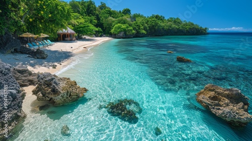 tropical paradise, a secluded beach with clear waters and white sandy shores, an ideal spot for sun, sea, and relaxation, away from the hustle and bustle