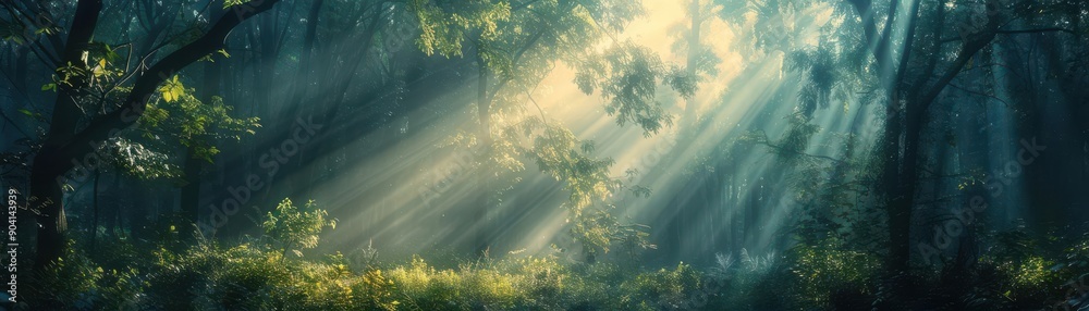 Ethereal forest with sunlight streaming through the mist, Nature, Mystery Ethereal forest with sunlight streaming through the mist, Nature, Mystery