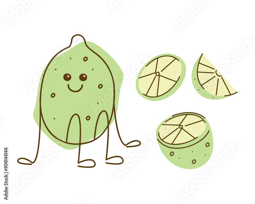 Cute lime character and half, piece of lime. Vector hand drawn illustration.