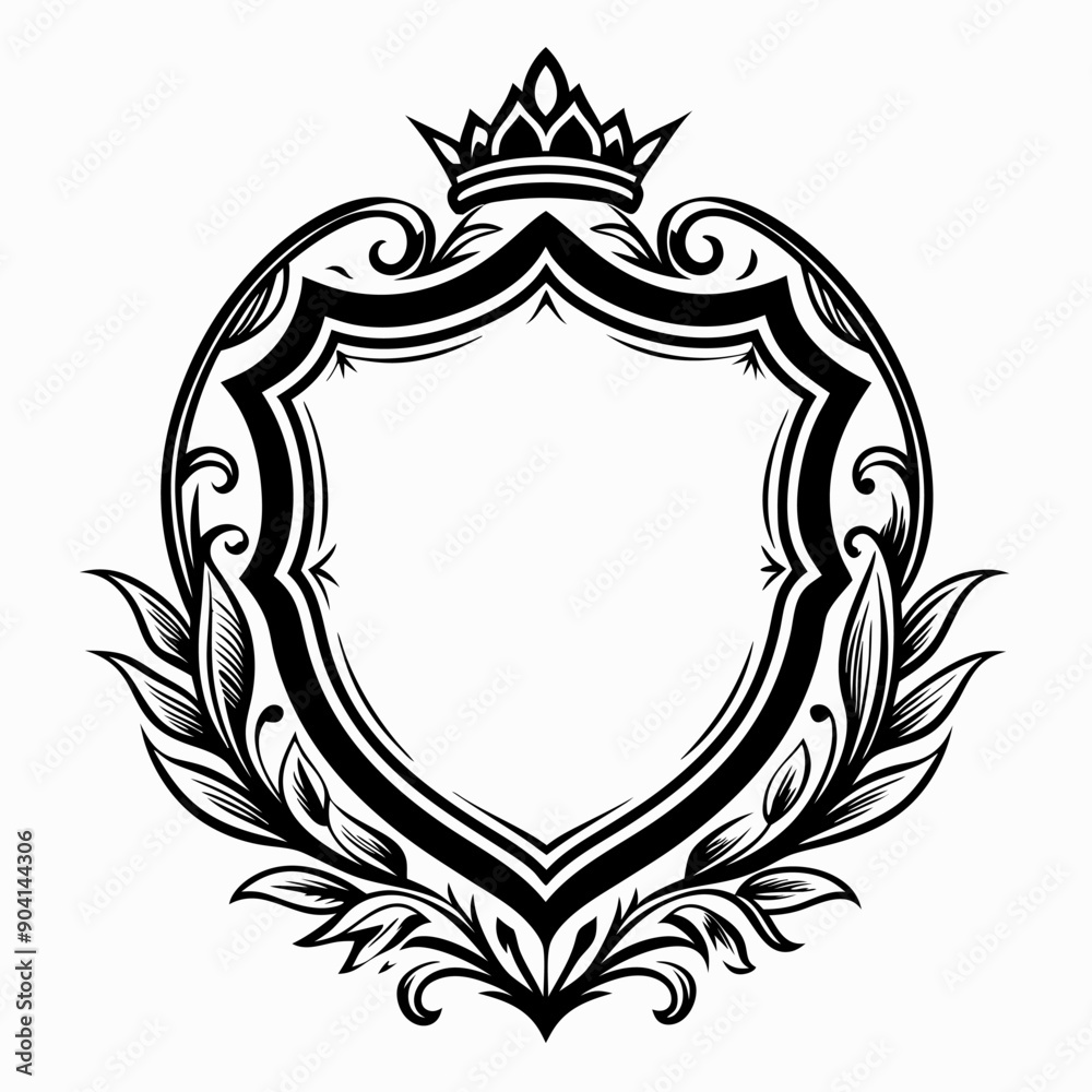 A black and white image of a crown and a shield with a leafy border A black and white image of a crown and a shield with a leafy border