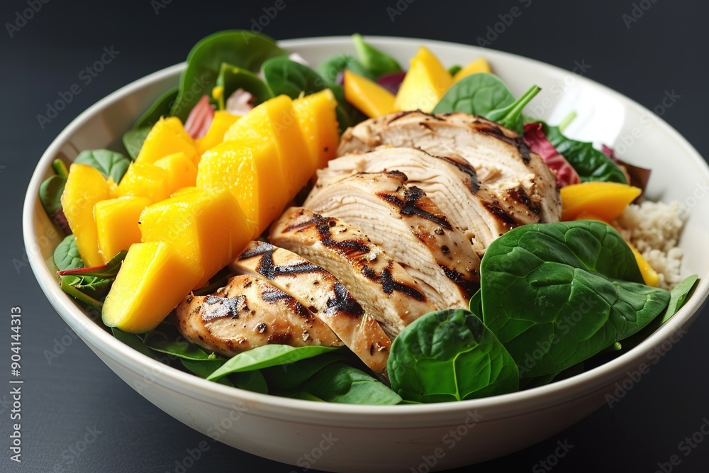 Grilled chicken salad with spinach and mango. Grilled chicken salad with spinach and mango.