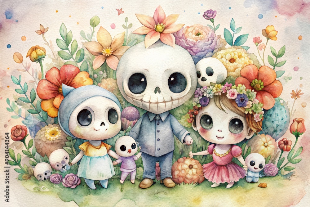 Adorable illustration of three cute skeleton characters surrounded by colorful flowers and leaves. Adorable illustration of three cute skeleton characters surrounded by colorful flowers and leaves.