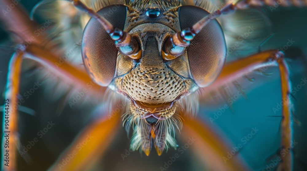 Fototapeta premium Close-up macro shot of a bug's face, showcasing intricate details and compound eyes.