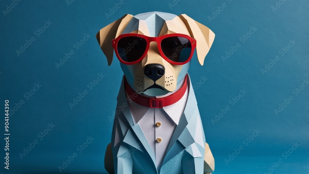 Cute labrador dog in modern tuxedo and sunglasses on blue background. Cute labrador dog in modern tuxedo and sunglasses on blue background.