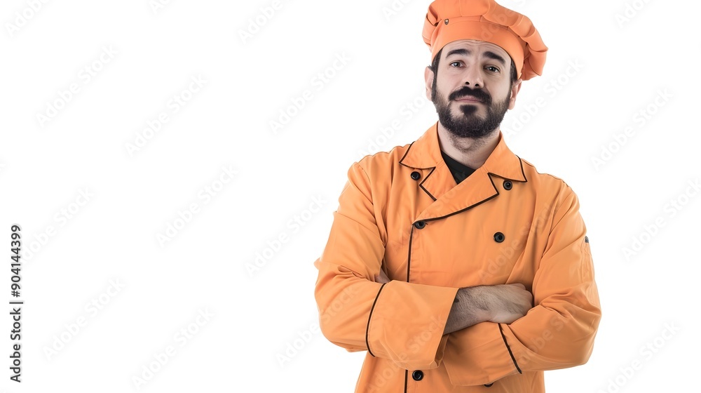 Confident Construction Worker in Orange Uniform with Crossed Arms on Construction Site Confident Construction Worker in Orange Uniform with Crossed Arms on Construction Site