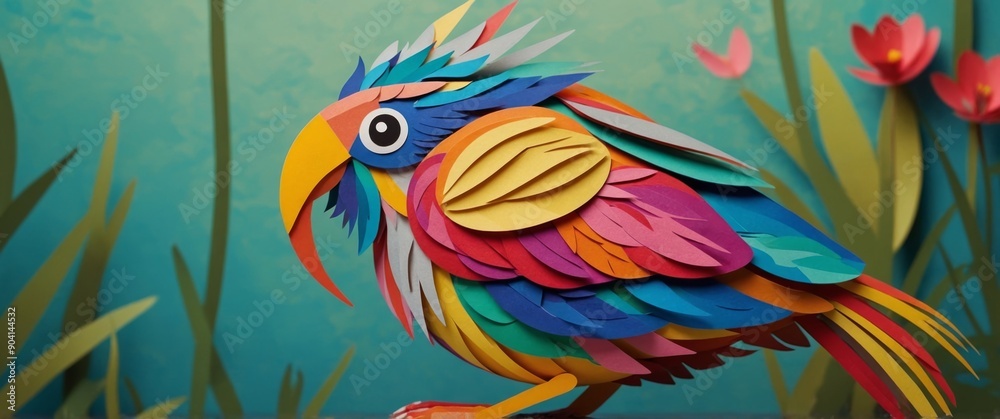 Fototapeta premium Coraciiformes with colorful feathers holding a fish with its beak on a blurred background.