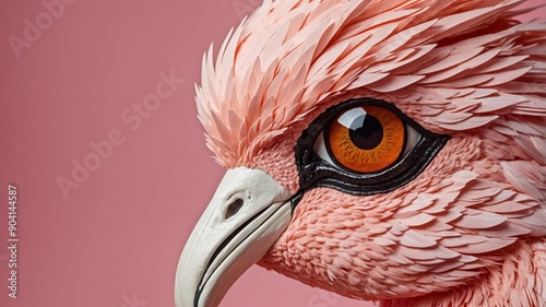 Closeup of a flamingos eye, beak, and feather on pink background.
