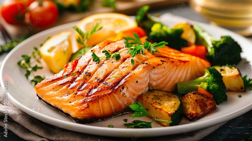 Grilled salmon served with roasted vegetables and garnished with parsley, presented on a white plate, perfect for a healthy meal. Grilled salmon served with roasted vegetables and garnished with parsley, presented on a white plate, perfect for a healthy meal.