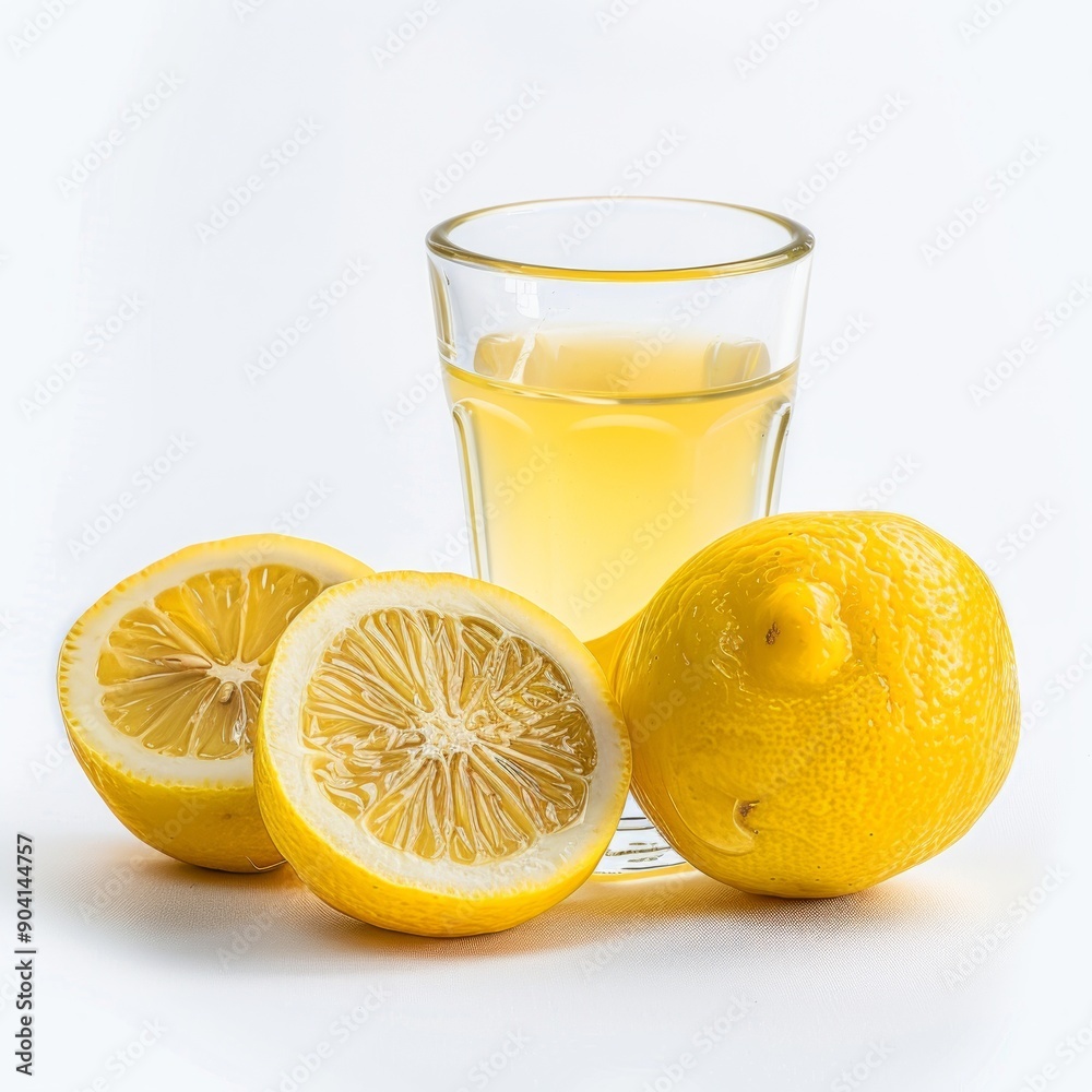 Medium shot of Lemon juice in a glass near the lemon, isolated on a white background Medium shot of Lemon juice in a glass near the lemon, isolated on a white background