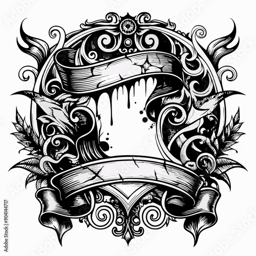 A black and white drawing of a banner with a white background