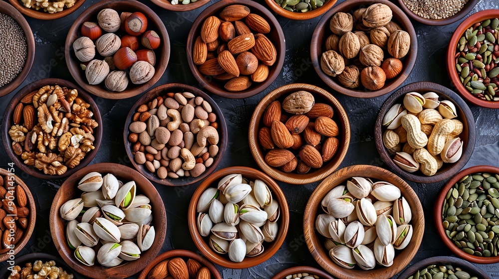 backdrop of nuts and seeds, from above. wholesome fare in wooden bowls various nuts in various bowls, Generative AI. backdrop of nuts and seeds, from above. wholesome fare in wooden bowls various nuts in various bowls, Generative AI.