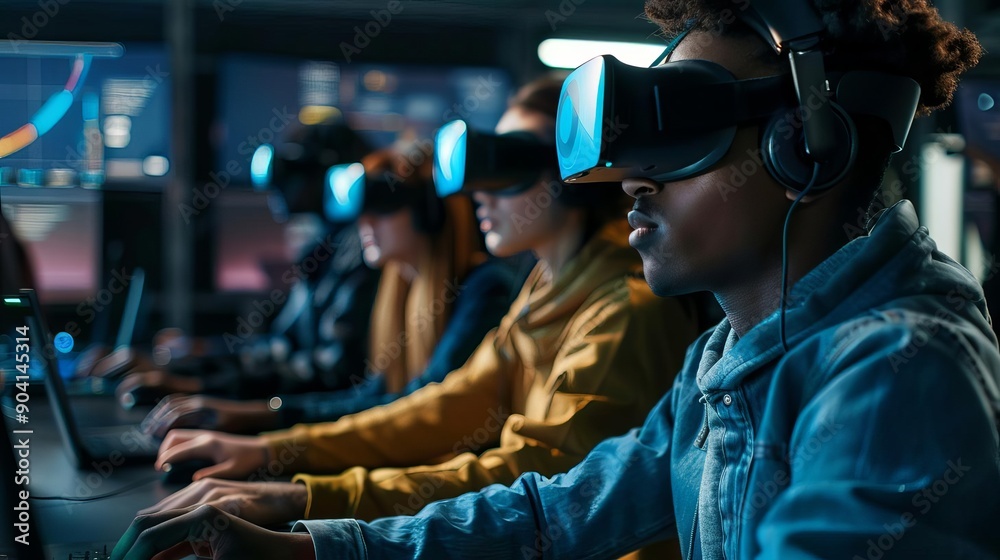 A group of gamers engaged in virtual reality gaming, wearing headsets and focused on their screens in a dimly lit environment. A group of gamers engaged in virtual reality gaming, wearing headsets and focused on their screens in a dimly lit environment.