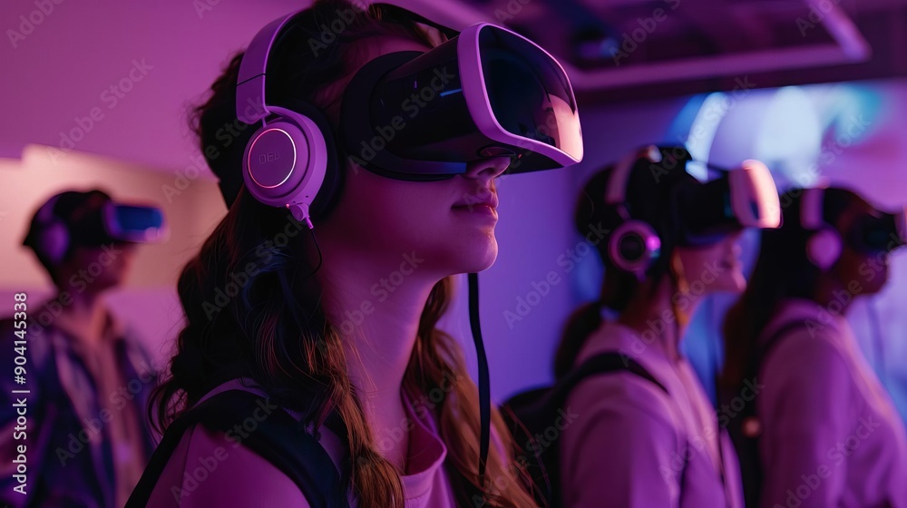 A group of young people experiencing virtual reality in a colorful, immersive environment, showcasing technology in entertainment. A group of young people experiencing virtual reality in a colorful, immersive environment, showcasing technology in entertainment.