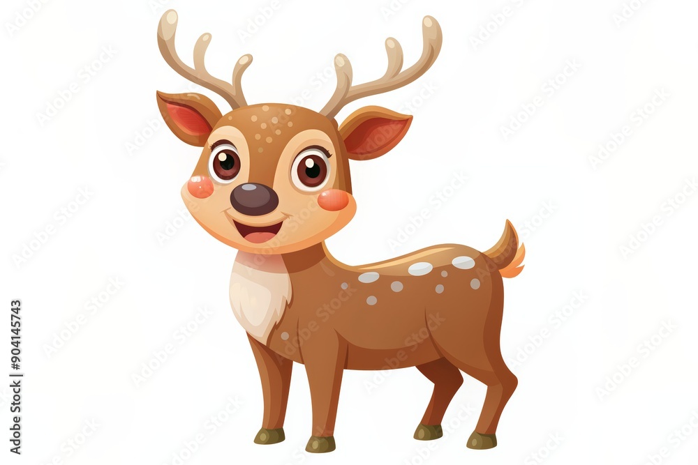 Cute cartoon illustration of a smiling deer with big eyes and antlers, set against a white background.