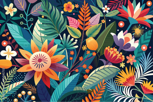 Colorful tropical floral background. Blooming flowers. Can be used as poster, exotic wallpaper. Vector illustration.