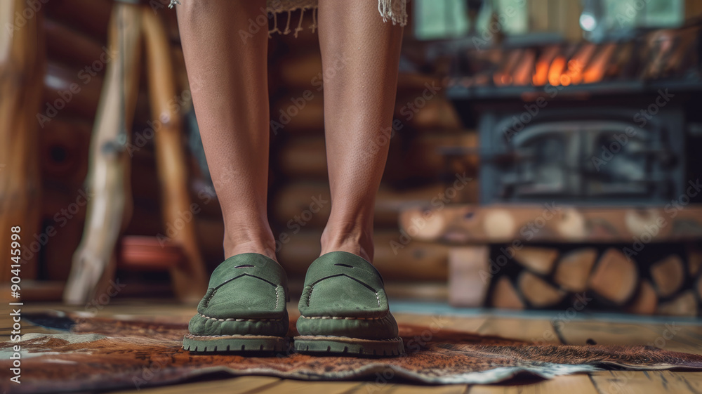 Obraz premium Woman's feet in moccasins by a cozy log cabin fireplace.