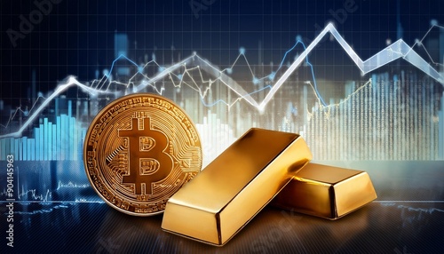 Gold bars on a financial chart- market trends illustration ; 3D vector coins; golden bitcoin