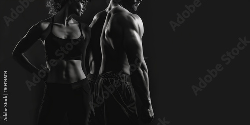Panel kuchenny z motywem Muscular man and athletic woman posing on a black background. Advertising banner layout for a gym or fitness trainer.